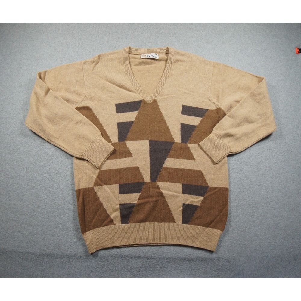 Vintage Pringle Sweater Mens 40/102 Beige Knit Vneck Pullover Abstract Preppy